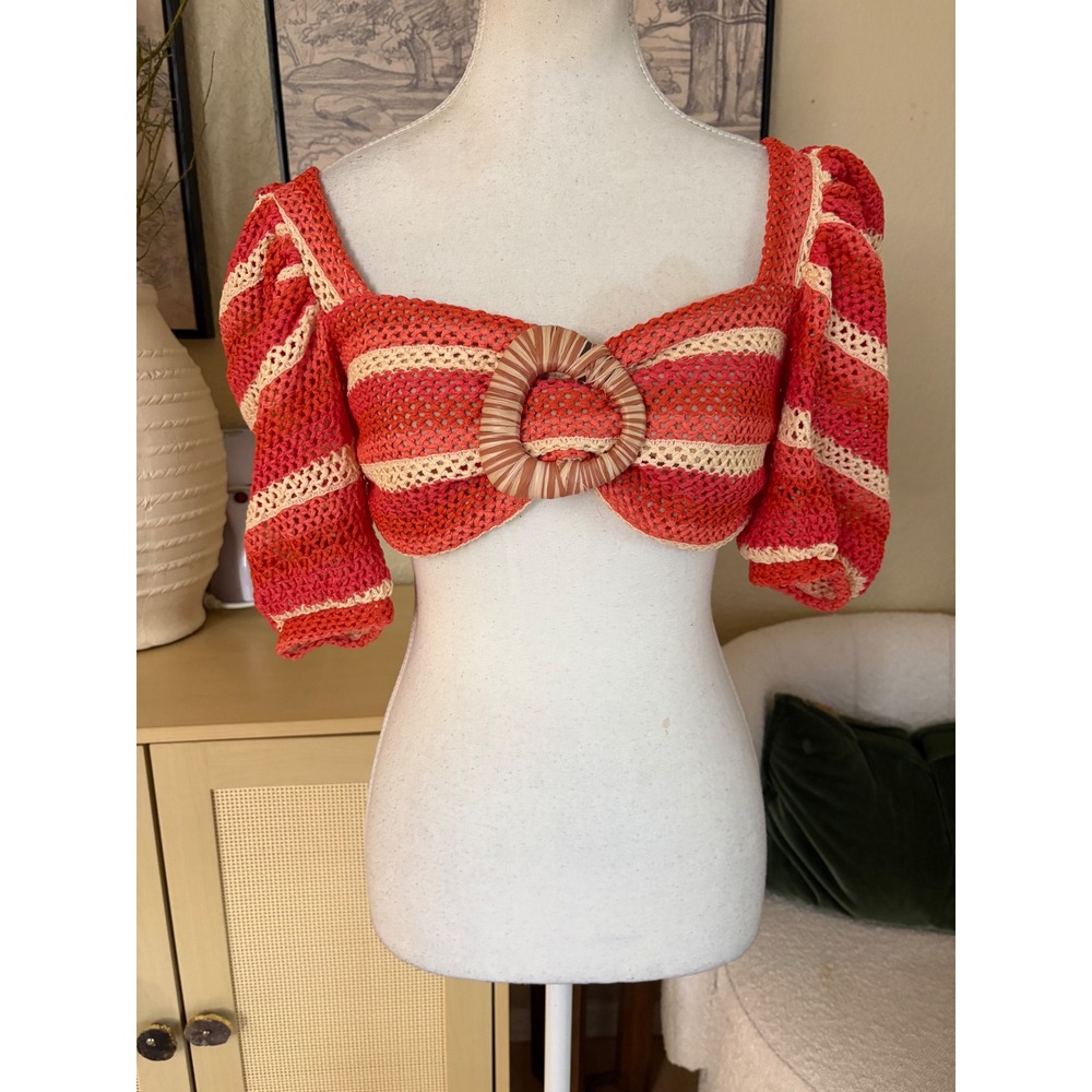 PatBO Striped Crochet Cropped Top Size 4 Orange Puff Sleeve - Picture 3 of 11
